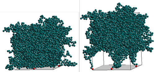 Fig.3 Interface analysis by coarse-grained molecular dynamics (left: interface structure, right: structure after peeling)