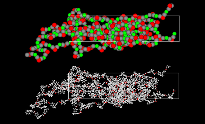 Fig.1. (top) Snapshot of uniaxial elongation calculation using coarse-grained MD (bottom) Structure reverse-mapped from coarse-grained MD results to full-atomistic MD