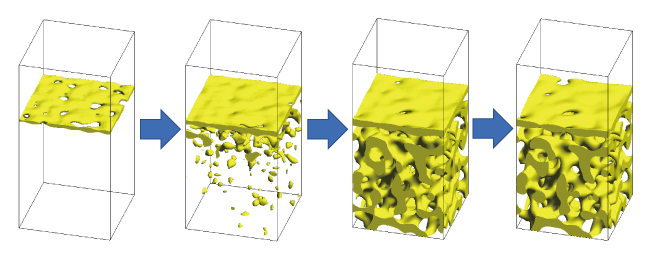 Fig.2. Time evolution of the NIPS process, considering concentration dependence of the mobility of each component, and glass transition of the polymer component (3D model).Yellow region represents the polymer component.