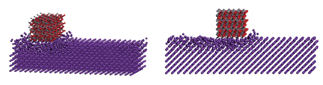 Fig.1. Grinding process of iron surface with sapphire at nanoscale(left)  early time stage, (right) late time stage