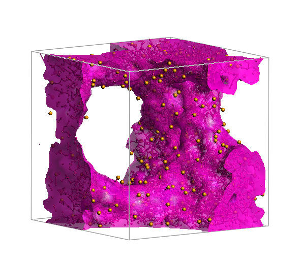 Fig. 2: Isosurface of the volume fraction 0.5 of Nafion main chains, and molecular chains of he Nafion. Particles corresponding to sulfo groups are indicated by yellow spheres.